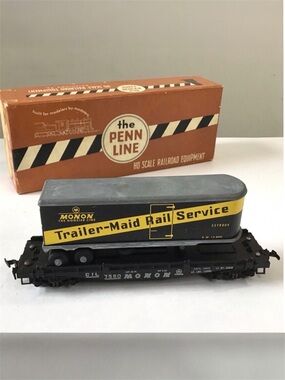 Vintage Penn Line Monon Trailer-Maid Rail Service & Flat Train Car HO W/Box